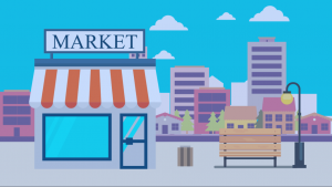 Dessin illustrant un marché public, un bac et la ville derrière