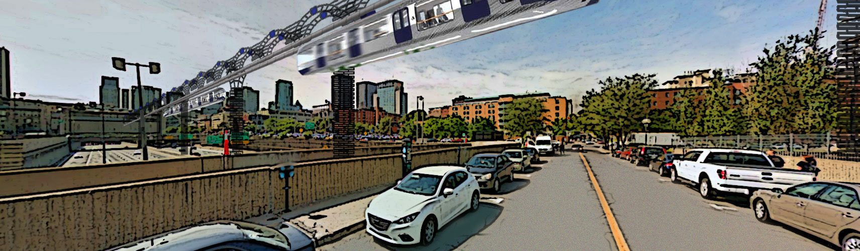 Monorail suspendu au-dessus de l'Autoroute Ville-Marie